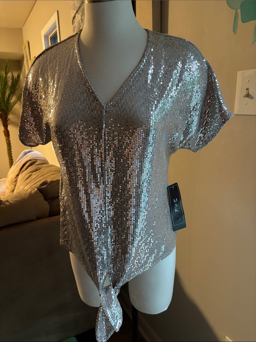 NWT MSK Silver Sequin V-Neck Tie Front Top NEW WITH TAGS